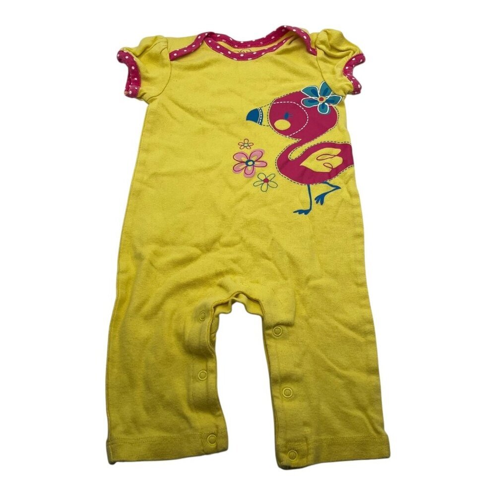 The Children Place Romper Girls 3-6 Months‎ Yellow Pink Bird Floral Snap Closure